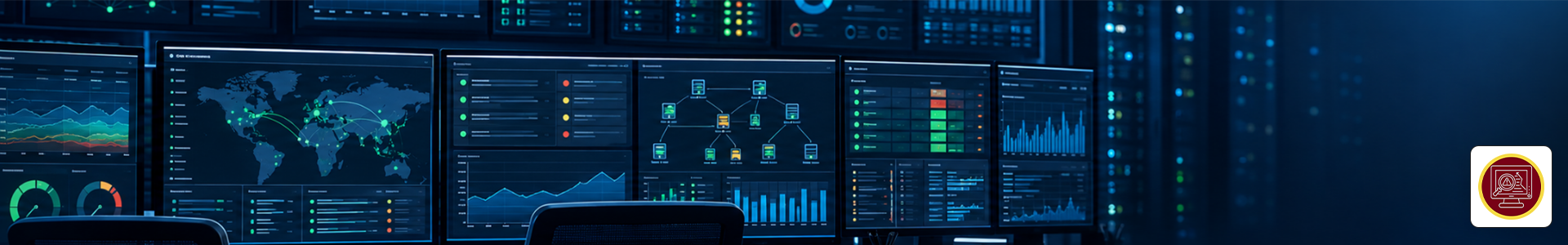 Illustration of an IT operations center with infrastructure monitoring dashboards, representing Zabbix monitoring.
